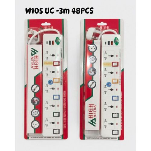 High Astra 5-Way Power Extension Cable - 3M Heavy Duty Socket - 2 USB + 1 Type-C Ports