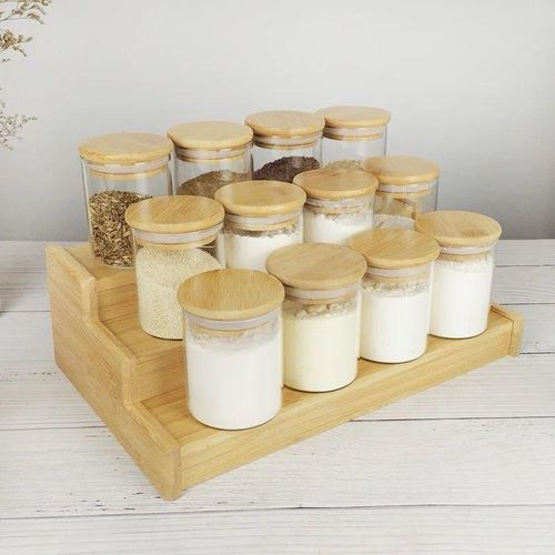 12Pcs Glass Spice Jars Set with Bamboo Lids and Stand Kitchen Seasoning Containers Salt Pepper Shakers Organizer Rack Storage for Home Cooking Spice Bottle Rack
