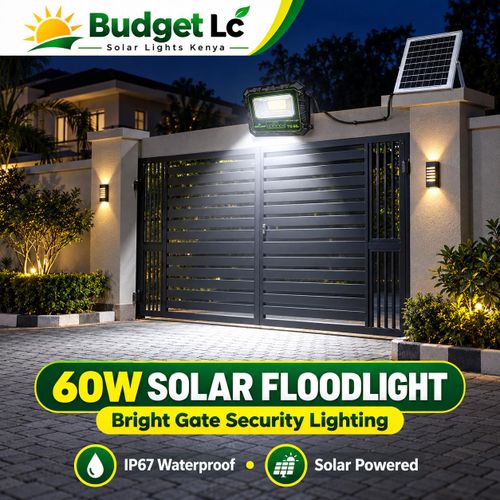 60W Solar Floodlight With Solar Panel, IP67 Waterproof Outdoor LED Security Light – Black