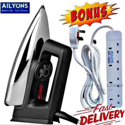 High Quality Electric Dry Iron Box 1000W With Titanium Teflon Non-Stick Soloplate // IronBox + FREE 4 Way Power Extension Cable Socket