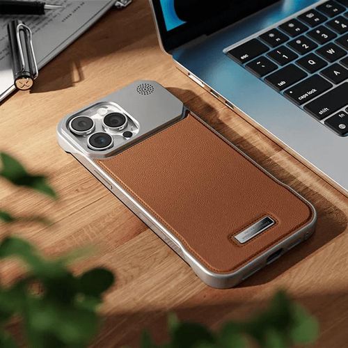 Luxury Frameless Leather Magnetic Case with MagSafe, Metallic Frame, and Patina Leather Design for iPhone 15 Pro Max - Brown