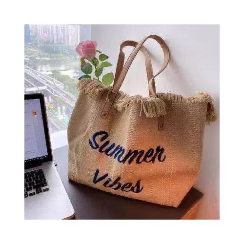 Summer Vibes" Woven Jute Fringed Tote Bag