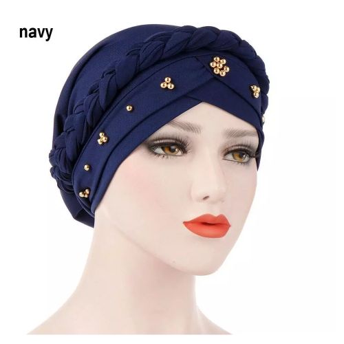 Women's Bead Braided Head Scarf Cap - Navy