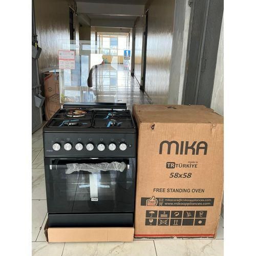 Mika Standing Cooker, 58cm x 58cm, 3 Gas Pool Jet Burners + 1 RAPID Hot Plate, Button Ignition, 3 Function Electric Oven, Matt Black WITH FREE PIPE AND REGULATOR AND CLIPS