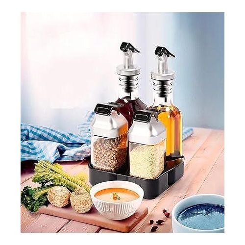 4 Piece Glass Condiment Set - Salt, Pepper, Oil and Vinegar Set and Stand