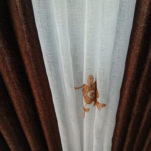2Pcs Heavy Blackout Brown Curtain and Eyelet Header (1.5m Each) with Matching Embroidered White Heavy Sheer with Rod Pocket Header(2m)