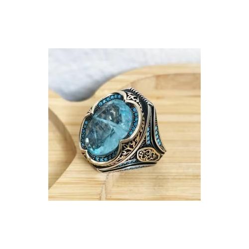 Vintage Metal Craftsman Engraved Signet Ring Inlaid Sea Blue Zircon Men's Business Punk Biker Ring