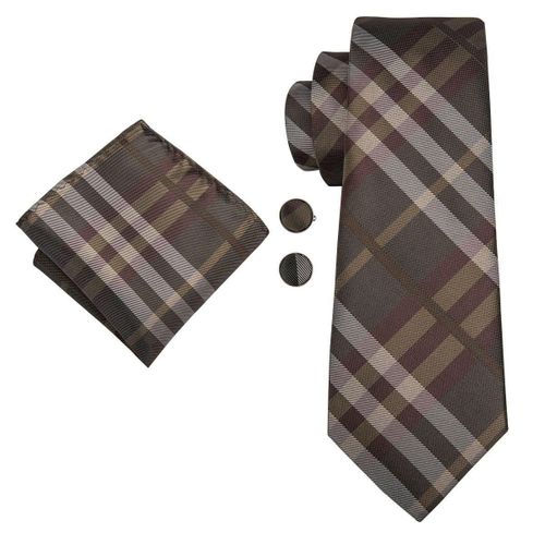 Brown Checked Necktie with cufflinks and pocket square