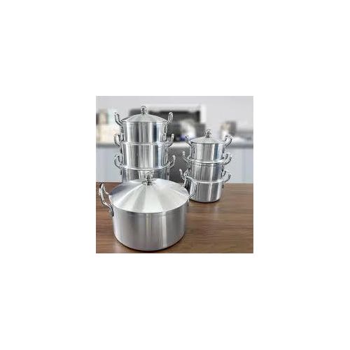 7-Piece Aluminum Cooking Pot Set, Silver, Professional Kitchen Cookware with Lids, Stackable Design - COMES WITH 4 PIECES MWIKOS ( wooden cooking sticks)