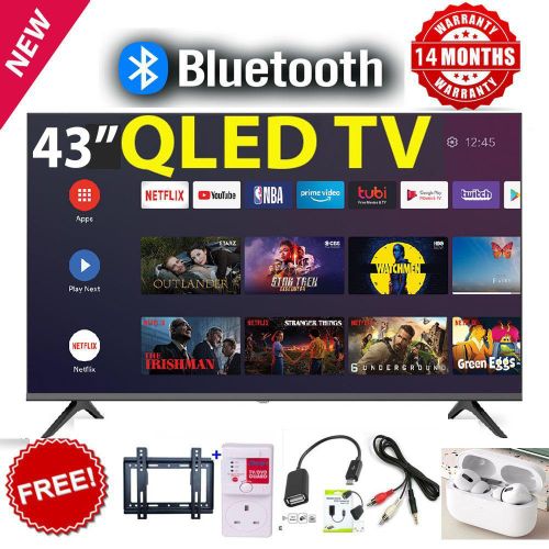 43 Inch QLED Smart Android TV HTC4300QFS – Full HD Resolution, Frameless Screen, Bluetooth Enabled, Inbuilt Decoder for Local Channels, ICAST Screen Cast, Wi-Fi, Netflix, YouTube+FREE TV Guard & Bracket&Earpods (1YR WARRANTY)