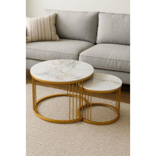Coffee Table Faux Marble Nesting Table for Small Place 2 Sets Modern Furniture Living Room Sets End Side Table Night Stand for Bed Room Dining Room White & Gold