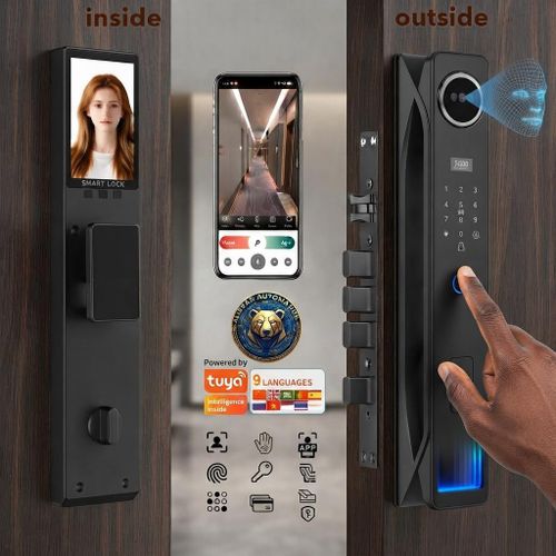 WiFi SMART DOOR LOCK Tuya IOS/ANDROID Mobile APP Digital Biometric, 3D Face ID, CARD, Fingerprint, Password, KEYS, CAMERA, Doorbell Alarm, Intercom, notifications, Anti-theft Electric Handle for Wood Door, Steel Door, Aluminum Door, Steel Door etc.