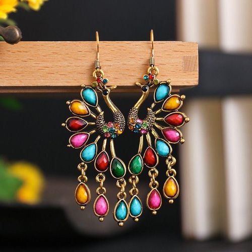 Boucles d'Oreilles Femme Paon Multicolore : Bijoux Éthnique à Pierre Brillante Mode Boho