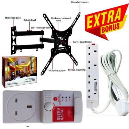 Heavy Duty Full Motion 360 Degree TV MOUNT - 14 inch -55 inch TILT ROTATING WALL MOUNT BRACKET + EXTRA BONUS TV GUARD SURGE POWER PROTECTOR& 4 Way Power Extension Cable Socket