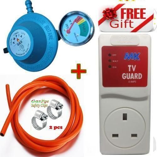 Ampia GAS REGULATOR 13 KG CYLINDER GAUGE 13 Kg Gas Cylinder Regulator With Level GaugeClips and 2M pipe Gas Regulator with a meter TV GUARD CIPS AND PIPE