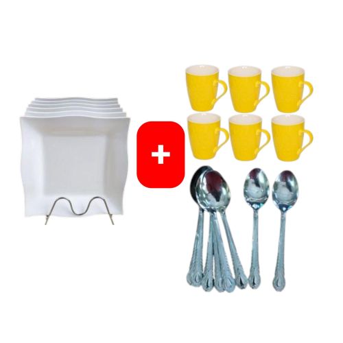 Melamine Square Dinner Plates – 6PCS Set with FREE Coffee/Tea Cup Mugs & 12PCS Table Spoons