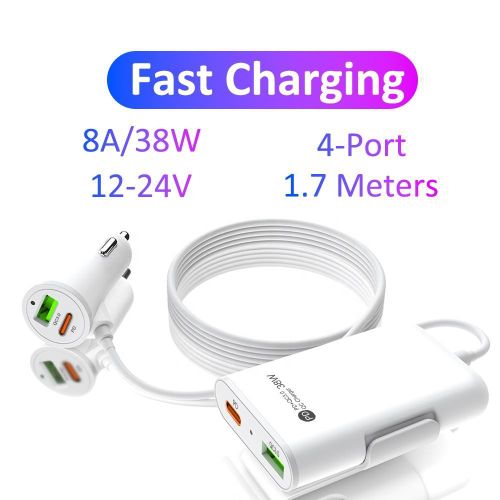 QC 30 4 USB Ports Front Back Car Charger with 6ft Extension Cord Cable for Smart Phone