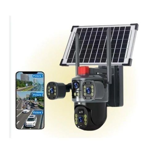 Built In Rechargeable Battery Auto Human Tracking Stand Alone V380 PRO 12MP 4G PTZ Rotating 4 Eyes 3 Pictures Outdoor Security Surveillance Solar Camera with Ai-Based Human Motion Detection And Tracking