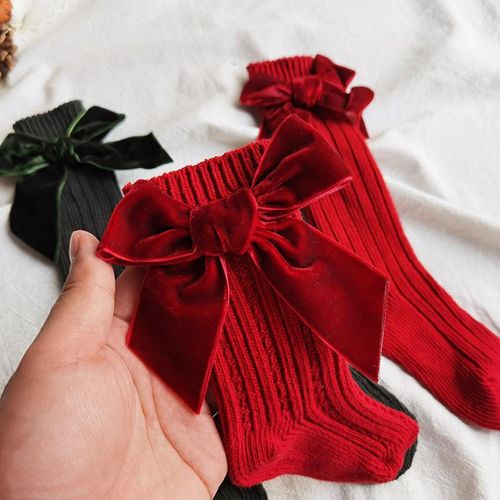 Baby Girls Knee High Socks Kids Cotton Red Big Bow Christmas Sock Solid Woolen Leg Warmers Girl Toddler Soft Socks For 0-3Years1-3YearsM