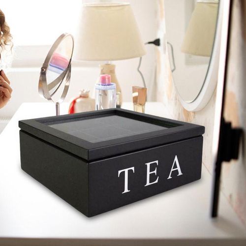Wooden 9 Grids Tea BoxTea Bags Organizer with Transparent Top Lid