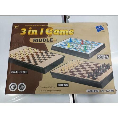 3 In 1 Riddle Game - Chess Board Game, Draughts Game, Snakes And Ladders Board Game