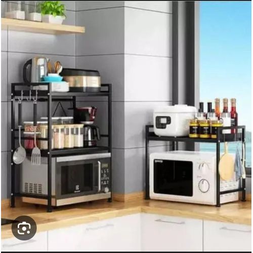 Adjustable 2-Tier Microwave Oven Rack – Heavy Duty Carbon Steel Kitchen Countertop Storage Shelf Organizer For Spices, Appliances & Kitchen Use