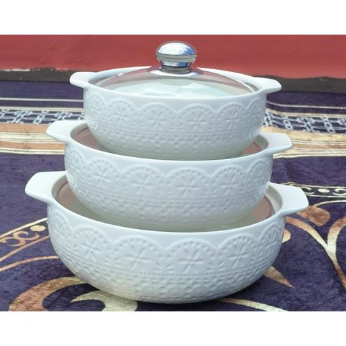 3pcs Ceramic Casserole Serving Dishes With Glass Lids – Heat-Resistant (3L, 2L, 1L)