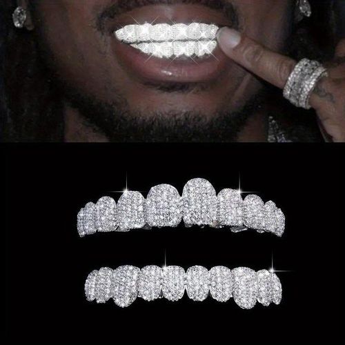 Mens Simplicity Teeth Grille Upper and Lower Teeth Grille Inlaid with Cubic Zirconia 18K Gold Plating