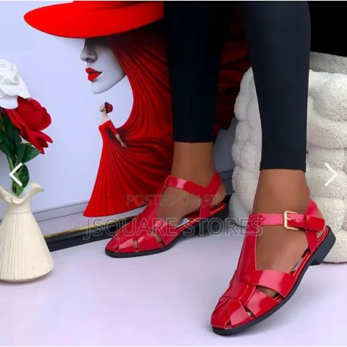 Elegant Red Closed-Toe Flat Sandals with Ankle Strap