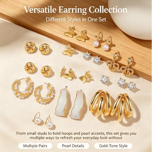 Versatile Gold Tone Earrings Set, Multi-Style Pearl Zircon Butterfly Hoop Stud Earrings Jewelry Gift for Women Daily Wear