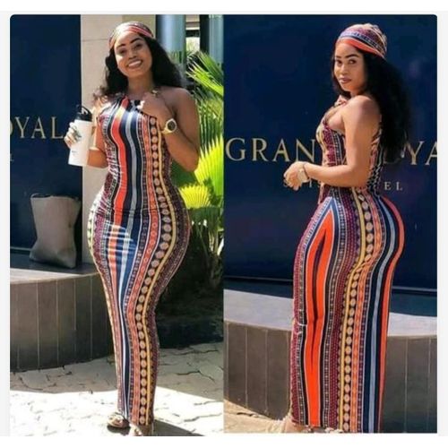 Ladies Classy Maxi Bodycon Dress With Scarf-Multicolored