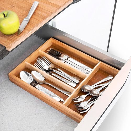 Multi-Purpose Bamboo Drawer Organizer - 4 Slot Cutlery Tray & Kitchen Utensil Holder - Durable Wooden Stationary & Cosmetic Storage Box (34.5 x 25 x 4.5 cm)