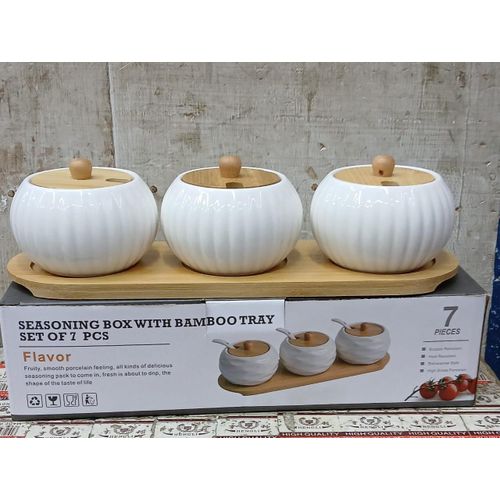 7-Piece Ceramic Seasoning Box with Bamboo Tray – Spice, Sugar & Coffee Storage Set
