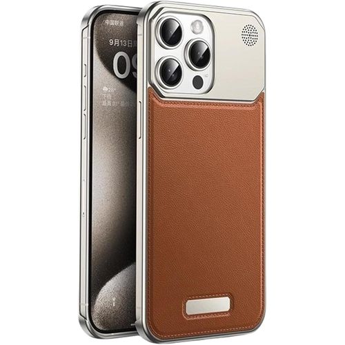 Luxury Frameless Leather Magnetic Case with MagSafe, Metallic Frame, and Patina Leather Design for iPhone 15 Pro Max - Brown