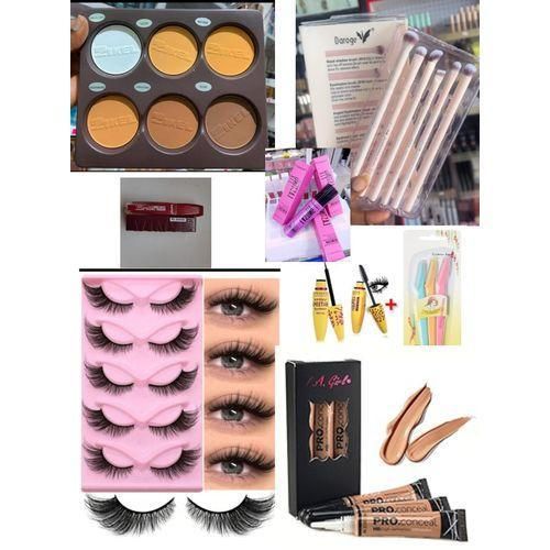 Full women Essential makeup kit set include-3pcs concealer 5pcs Eyelashes Mascara Eyeliner Eyebrow trimmer Makeup setting spray Makeup brushes set 2pcs Lipstick contour palette FREE makeup BAG