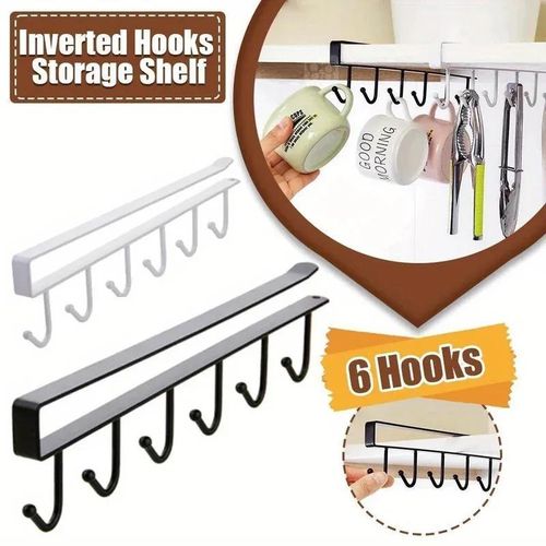 Multi-Functional 6 Hooks Under Shelf Cup Holder Hanging Hook Rack Holder Under Cabinet Closet Without Drilling - Multicolour