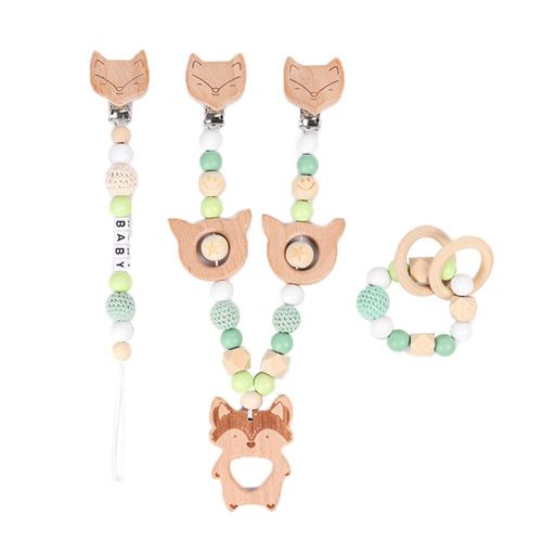 Baby Pacifier Clip Wooden Beaded Teething Toys Cute Cartoon Soothing Teether Hand Bracelet Stroller Harness Strap for Boys Girls