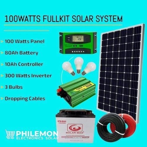 100 Watts Solar Panel Special All Weather Fullkit 80AH Battery 300Watts Solar Inverter 10 Ah Charge Controller3 bulbs dropping cables