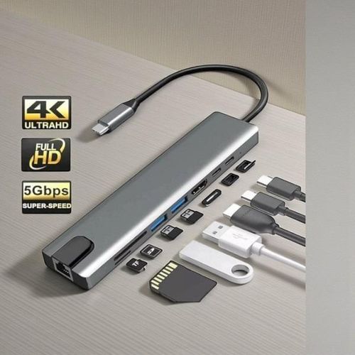 Portable Light Weight High Quality Material Reliable Quality adapter 8 In 1 USB Type-C Hub Port Adapter Converter Docking Station With RJ45 & Ethernet, HDMI, USB 3.0,SD/TFT & PD Ports