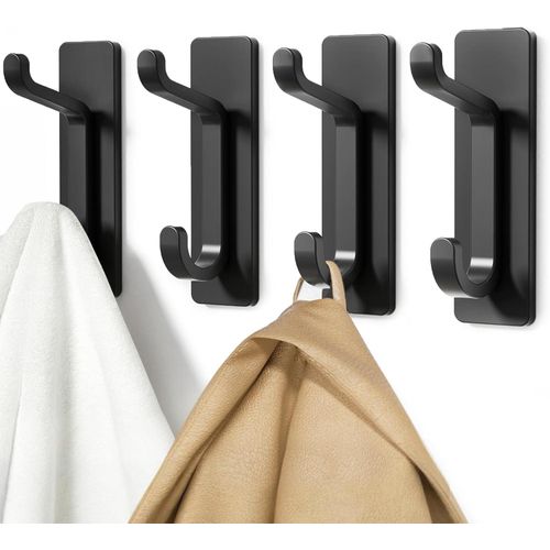 4PCS Heavy Duty Adhesive Wall Hooks – Waterproof Dual Coat & Towel Hooks, No-Drill Self-Adhesive Hangers for Bathroom, Kitchen & Home Organization, Black