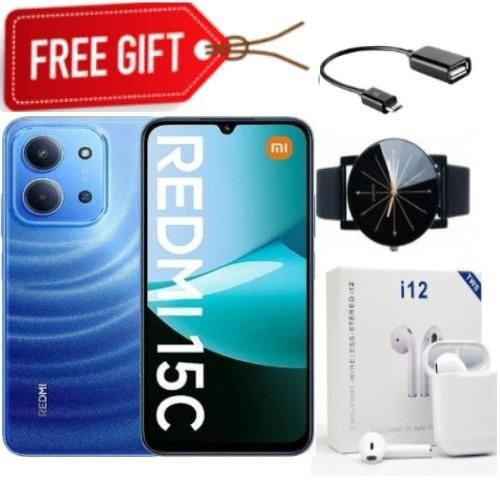 Redmi 15C, 6.9', Up to 16GB Extended RAM + 256GB Storage, 6000 mAh (Dual Sim) 1 Year warranty - Biue + Web watch + otg +Earpods