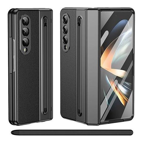 Luxury Foldino Leather Case For Samsung Galaxy Fold 3 With S Pen Slot, Hinge, Camera And Front Screen Protection - Black Business Class Premium PU Cover