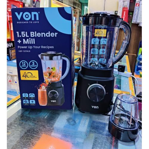 Von-2 in 1 Blender 500W with 1.2L Jar, Powerful Electric Mixer Grinder for Smoothies, Shakes, Juices, Food Processing, Easy Cleaning, Compact Kitchen Appliance