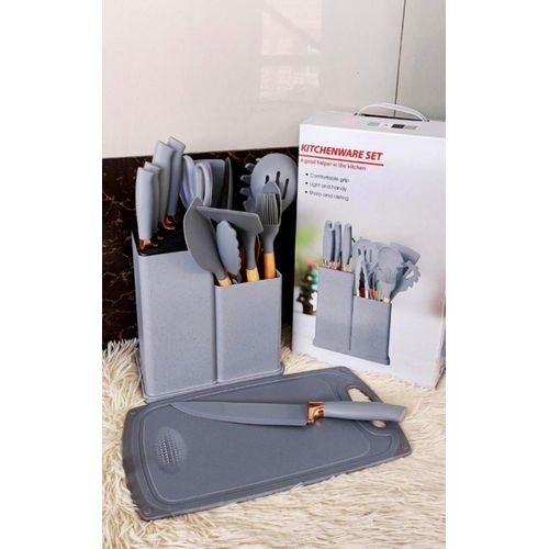 19-Piece Silicone & Wood Kitchen Utensil and Knife Set with Holder & Cutting Board, Silicone Cooking Utensil Set with Wooden Handles, Non-Stick Silicone Spatula and Ladle Set, Kitchenware Utensil Kit with Knives.