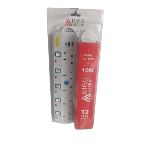 5 Way Heavy Duty Power Extension Socket with 10m Cable USB Charging Ports and Surge Protector