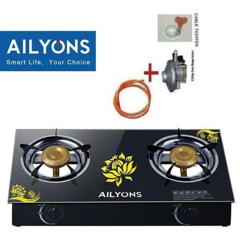 Table Top Double Burner Glass Gas Stove Cooker +1.5MPipe WITH CLIPS & Regulator