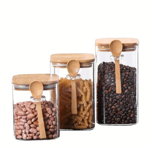 Glass Bamboo container set bamboo spoon and airtight bamboo lid 3pc set