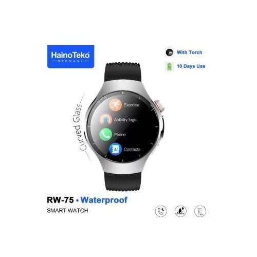 RW-75 Waterproof Smart Watch With Curved AMOLED Display BT Calling 3 Pair Straps and Charging Cable Designed for Gents