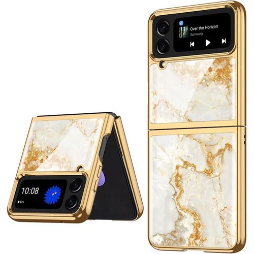 Samsung Galaxy Z Flip 4 Phone Case, Luxury White Gold Marble Shockproof Case with Built-in Screen Protector and Camera Lens Cover
