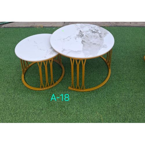 Round Marble Coffee Table Set of 2 Nesting Design, Metal Base, White & Gold